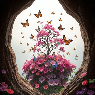 The primary subject of the image is a tree with pink flowers, surrounded by a multitude of butterflies. The tree is located in a cave-like setting, with the butterflies flying around it. The visual style of the image is a combination of photo and digital art, creating a vibrant and lively atmosphere. The dominant colors in the image are pink and purple, with the flowers and butterflies adding a sense of warmth and beauty to the scene.